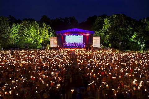 Public with sparklers, Klassik Open Air, Nuremburg Symphony Orchestra, illuminated stage, Luidpoldhain, Nuremberg, Middle Franconia, Bavaria, Germany, Europe