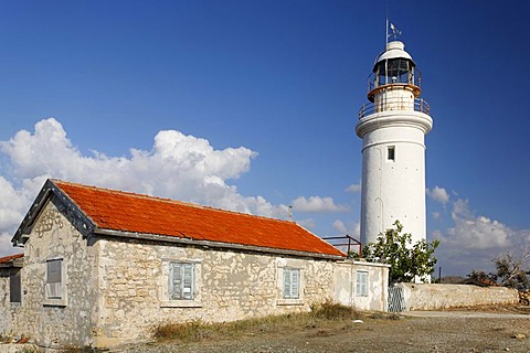 White lighthouse, house, red roof, blue sky, white clouds, Paphos, Pafos, Cyprus, Europe