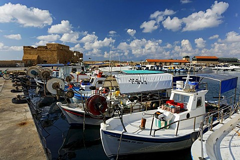 Fishing boats, harbour, fortress, Paphos, Pafos, Cyprus, Europe
