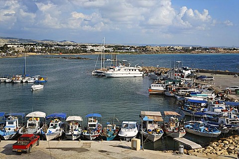 Fishing harbour with fishing boats, coastline, Paphos, Pafos, Cyprus, Europe