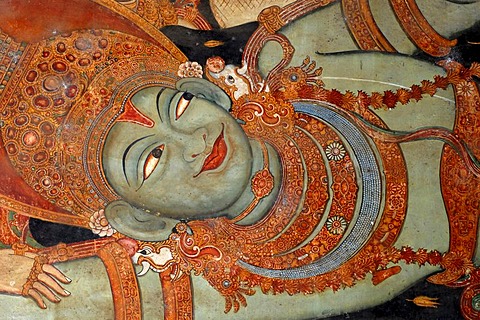 Vishnu lying down, mural, Ettumanur Temple, Kerala, South India, Asia