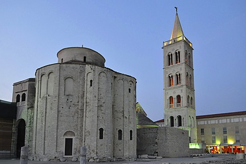 Church and campanile, Sv. Donat, dusk, Zadar, Croatia, Europe