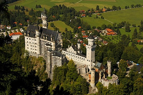 Hohenschwangau Castle near Schwangau in Allgaeu, bird's eye perspective, Bavaria, Germany, Europe