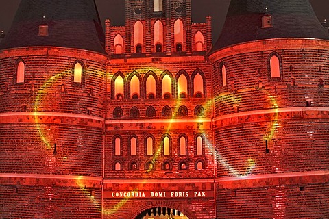 Holstentor Gate lit up due to the renovation, Luebeck, Schleswig-Holstein, Germany, Europe