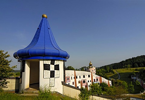 Blue-roof turret at Rogner Thermal Spa and Hotel, designed by Friedensreich Hundertwasser in Bad Blumau, Austria, Europe