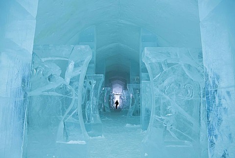 Long corridor in the Icehotel in Jukkasjaervi, Lappland, North Sweden, Sweden