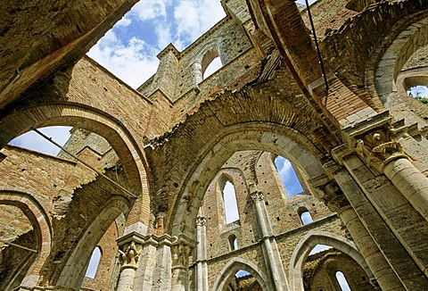 Basilica of the Cistercian Abbey Abbazia di San Galgano ruins by Chisudino, province of Siena, Tuscany, Italy, Europe