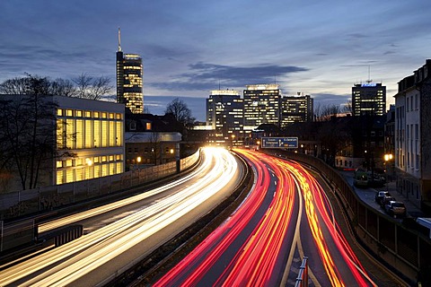 Autobahn 40 motorway in the centre of Essen, RAG and RWE corporate headquarters, Ruhr Area, North Rhine-Westphalia, Germany, Europe