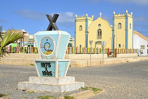 Memorial and Catholic church, Sal Rei, Boa Vista Island, Republic of Cape Verde, Africa