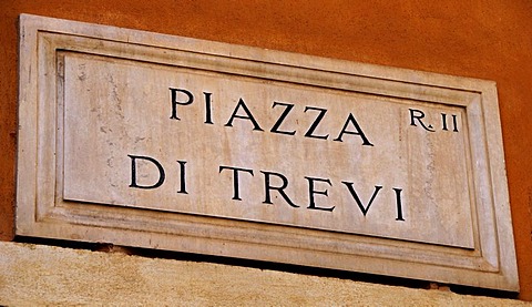 Street sign for Piazza di Trevi, at the Trevi Fountain, Rome, Italy, Europe