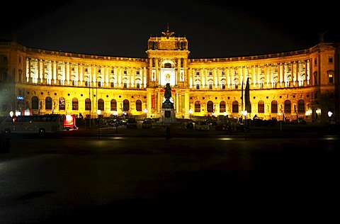 Austrian national library in the Hofburg Imperial Palace at night, Vienna, Austria, Europe