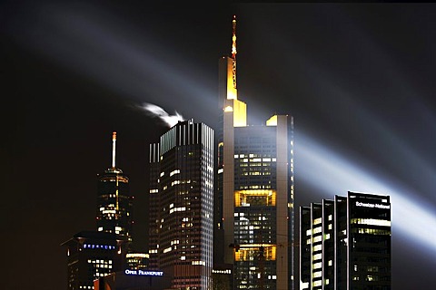 Skyline of Frankfurt at night during the Luminale in Frankfurt, Hesse, Germany, Europe