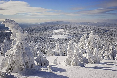 View from the Brocken mountain over a winter landscape deeply covered in snow, Saxony-Anhalt, Germany