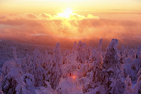 View from the Brocken mountain over a winter landscape deeply covered in snow, sunset, Saxony-Anhalt, Germany