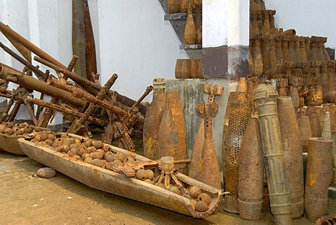 Collection of old rusty American bombs, dropped on Laos during the 2nd Indochina war by the US Airforce, Vietnam war, Phonsavan, Xieng Khuang Province, Laos, South East Asia