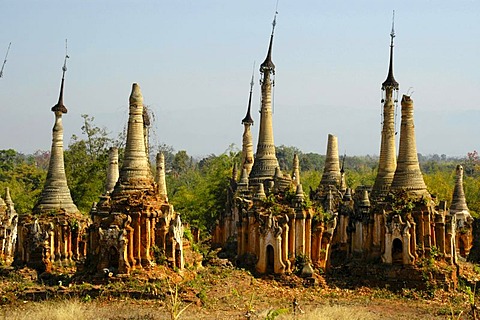 Cluster of old stupas decaying artistically, Indein, Inle Lake, Shan State, Burma, Myanmar, Southeast Asia