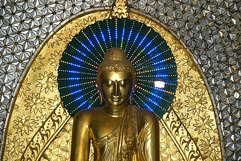 Buddhist figure in gold with blue nimbus, halo, Sagaing near Mandalay, Birma, Burma, Mayanmar, South Asia