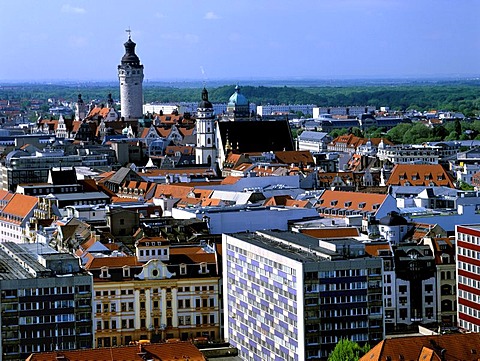 Panoramic city view, Neuer Rathausturm, New Town Hall Tower, Thomaskirche Church, Leipzig, Saxony, Germany, Europe