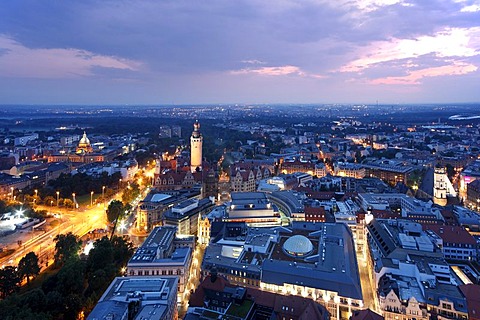 Panoramic city view at dusk, Neuer Rathausturm, New Town Hall Tower, Leipzig, Saxony, Germany, Europe