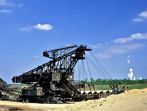 Open-cut mining near Zwenkau, stripping shovel, cooling towers of the Lippendorf Power Station near Leipzig, Saxony, Germany, Europe