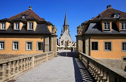 View from the gatehouse of the castle towards the town Church of St. George and the market square in Weikersheim, Baden-Wuerttemberg, Germany, Europe