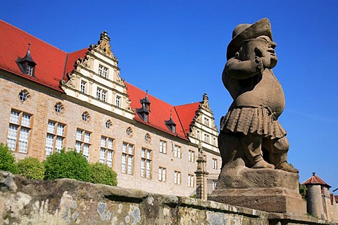 Gnome statue in front of Weikersheim Castle, Baden-Wuerttemberg, Germany, Europe