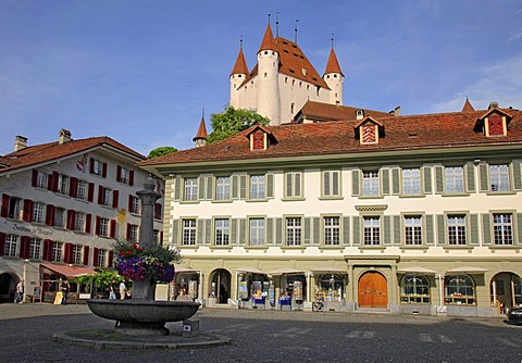 View over City Hall Plaza towards Thun Castle, Bernese Oberland, Bernese Highlands, Switzerland, Europe