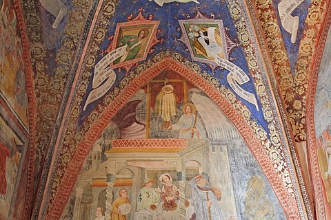 Romanesque fresco depicting the legend of the hanged youth, Saint Jacob in Kastelaz, Tramin, South Tirol, Italy, Europe