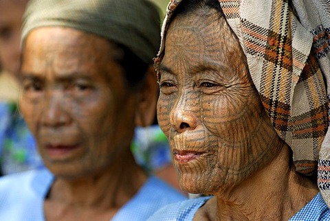 Tattooed women, so called spider women, Mrauk-U, Burma, also called Myanmar, Southeast Asia