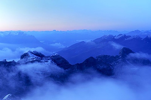 Daybreak above the Alpstein Range viewed from the Saentis, Appenzell, Switzerland, Europe