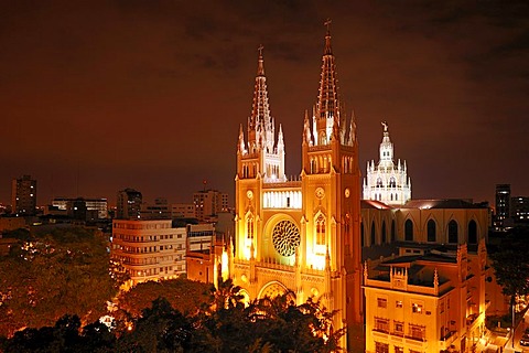 New Gothic cathedral, built in 1948, with lead crystal windows, night exposure, Guayaquil, Ecuador, South America