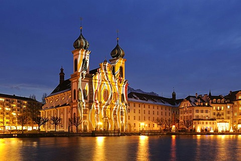 Jesuit Church illuminated by light artist Gerry Hofstetter with Christmas light, Lucerne, Switzerland, Europe