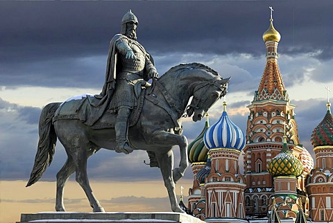 Monument of Yuri Dolgoruki in front of St. Basil cathedral, Moscow, Russia