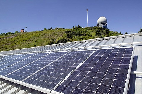 Photovoltaic system on the roof of the mountain station of the Arber Mountain Railway at Mount Grosser Arber near Bayerisch Eisenstein in the Bavarian Forest, Bavaria, Germany, Europe