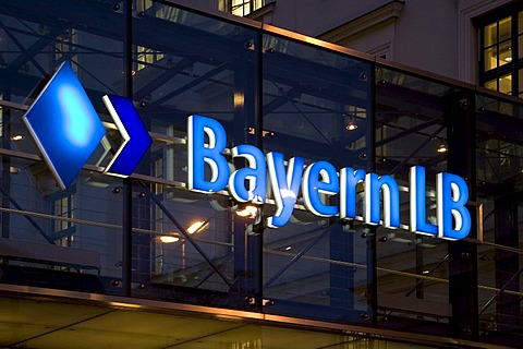 Logo of Bayern LB at headquarters by night in Munich, Bavaria, Germany, Europe