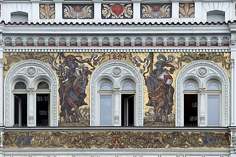 Renaissance house facades with sgraffito paintings at the Square of the Republic in Pilsen, Plzen, Bohemia, Czech Republic, Europe.