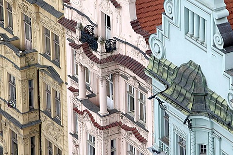 View of renaissance house facades at the Square of the Republic from the Bartholomew Church in Pilsen, Plzen, Bohemia, Czech Republic, Europe.