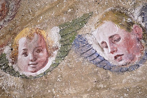 Faces of cherubs, fresco, on rough plaster, Maria Stein pilgrimage church, Unterinntal Valley, Tyrol, Austria, Europe