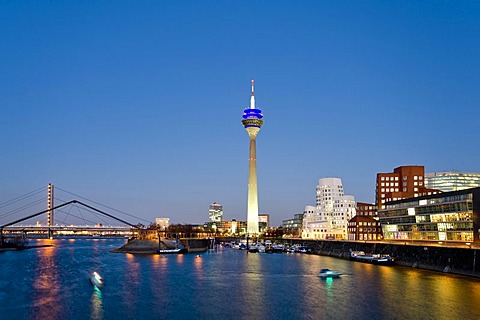 Rheinturm Tower, Frank O. Gehry buildings, Media Harbour, Duesseldorf, North Rhine-Westphalia, Germany, Europe