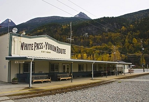 Historic White Pass & Yukon Route train station, fall colors, Skagway, Klondike Gold Rush, Alaska, USA, North America