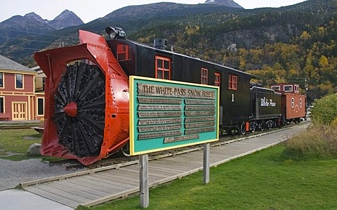 Historic engine with snow plow, snow fleet, White Pass & Yukon Route, Skagway, Klondike Gold Rush, Alaska, USA, North America