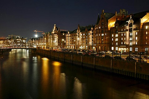 View from the Holzbruecke bridge to the old buildings in the Speicherstadt historical warehouse district, Hamburg, Germany