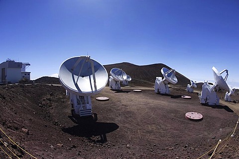 Submillimeter Array, SMA, consisting of eight radio telescopes at a height of 4080m near the summit of the extinct volcano Mauna Kea, Hawaii, USA