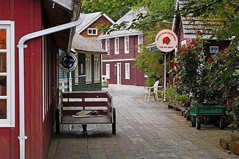 Boardwalk or wooden street between buildings of Telegraph Cove, Vancouver Island, British Columbia, Canada