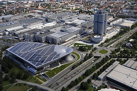 View of the factory, the BMW-World Museum and the BMW headquarters in Munich, Bavaria, Germany, Europe