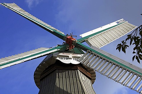 Braaker mill, historic windmill with shutter style sails, two-storey dutch style windmill, Braak, Stormarn administrative area, Schleswig-Holstein, Germany, Europe