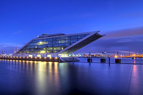 Modern Dockland office building on Elbe River at sunset, fishing harbour, St Pauli fish market, Hamburg Harbour, Hamburg, Germany