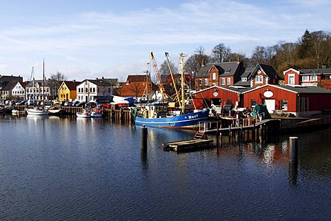 Boats in the harbour, Baltic Sea seaside resort town of Eckernfoerde, Rendsburg-Eckernfoerde district, Schleswig-Holstein, Germany, Europe