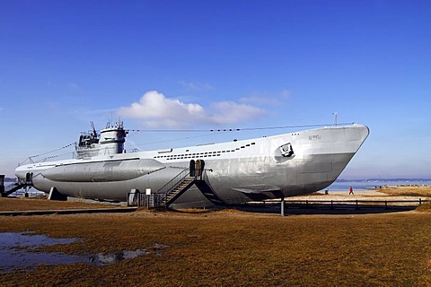 Museums ship, U-995 submarine at a beach near Kiel in Baltic Sea seaside resort town of Laboe, Schleswig-Holstein, Germany, Europe