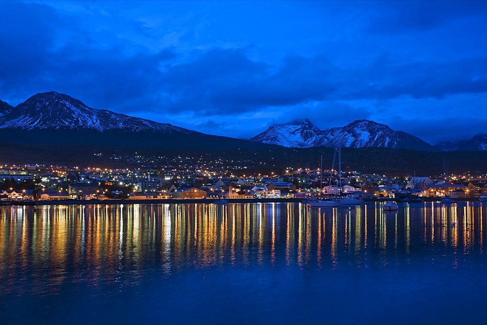 Skyline from Ushuaia, most southerly town of the world, at night, Tierra del Fuego, Argentina, South America